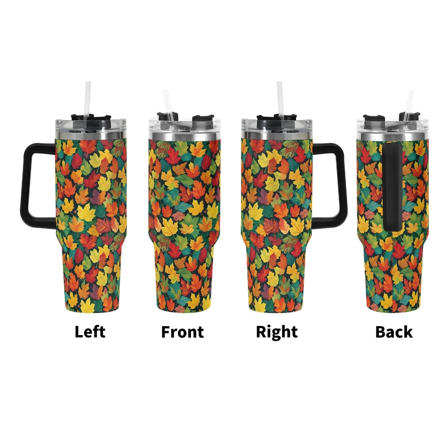 Colorful Leaves 40oz Stainless Steel Tumbler Gift With Black Handle and Straw - DeRose Seasonal