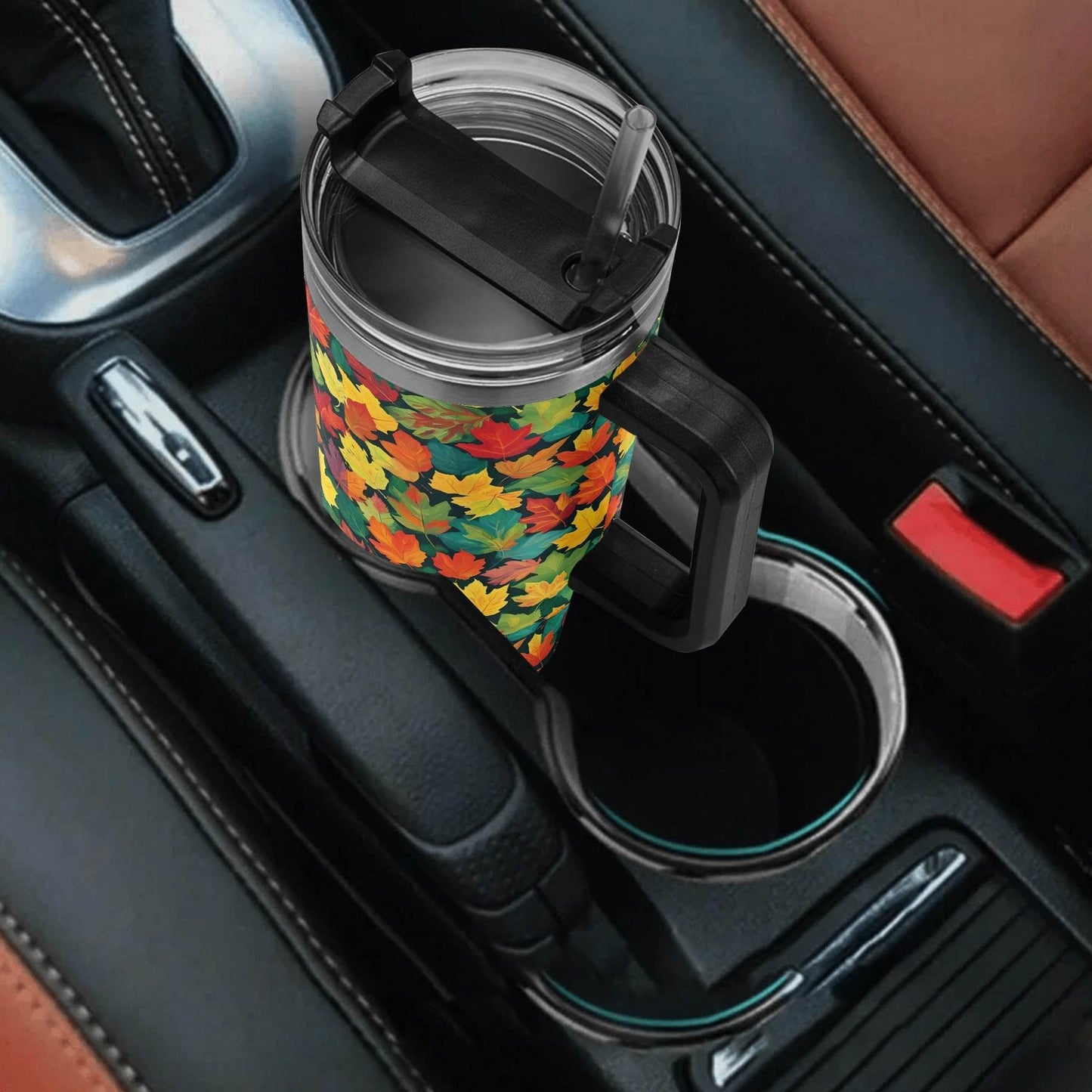 Colorful Leaves 40oz Stainless Steel Tumbler Gift With Black Handle and Straw - DeRose Seasonal