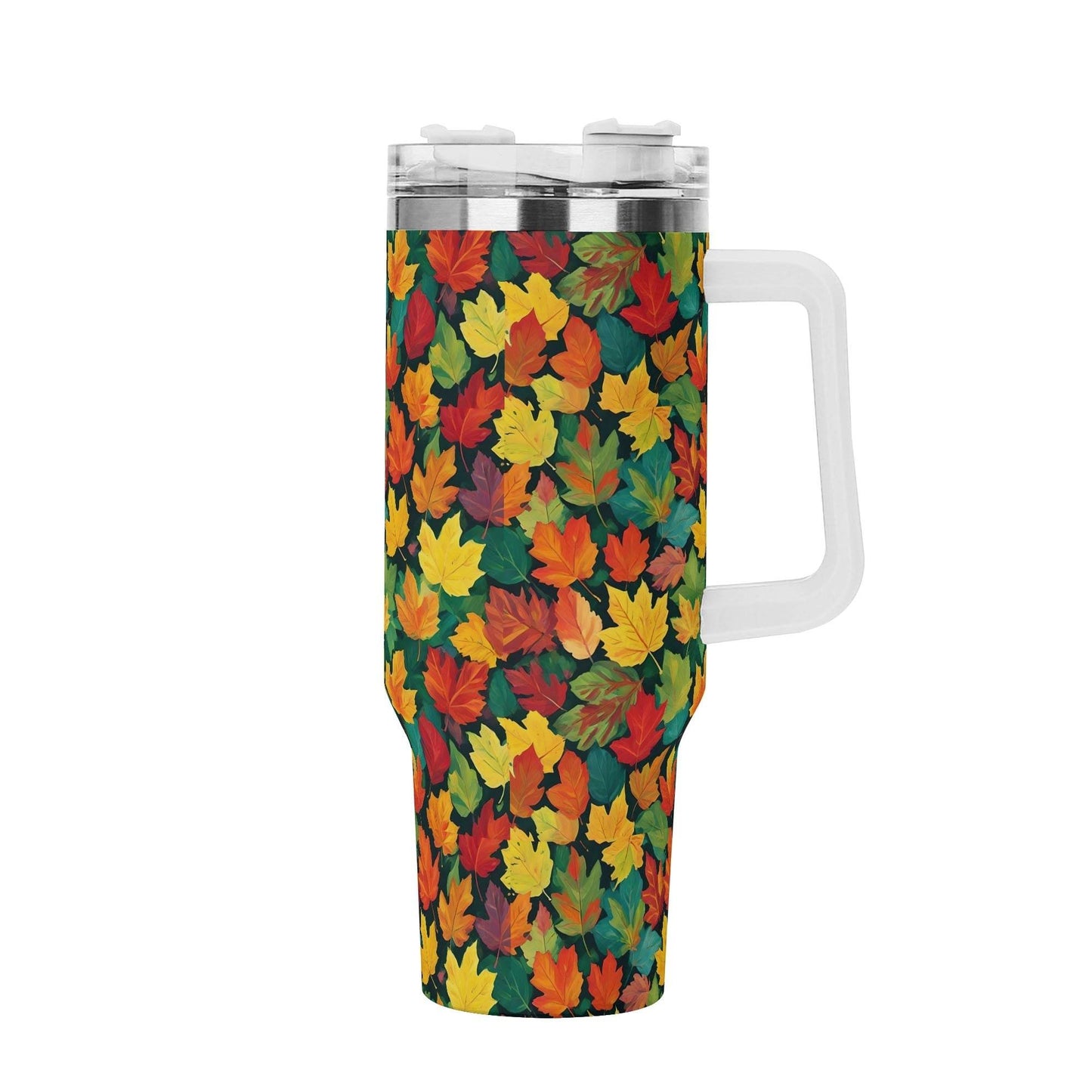 Colorful Leaves 40oz Stainless Steel Tumbler Gift With White Handle and Straw - DeRose Seasonal