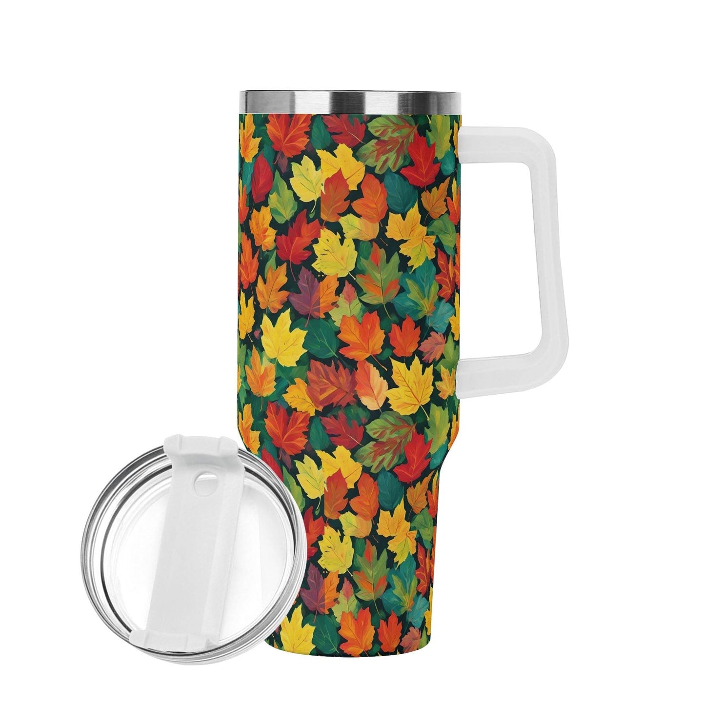 Colorful Leaves 40oz Stainless Steel Tumbler Gift With White Handle and Straw - DeRose Seasonal