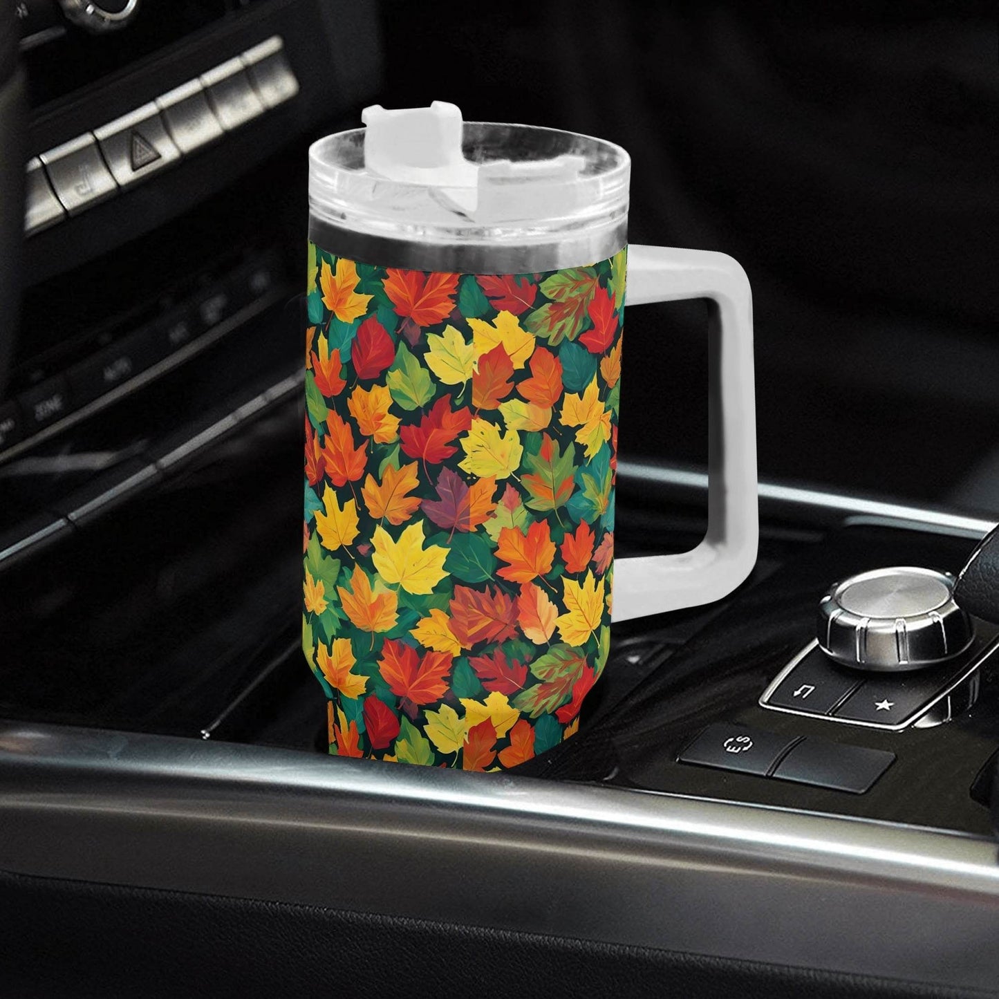 Colorful Leaves 40oz Stainless Steel Tumbler Gift With White Handle and Straw - DeRose Seasonal