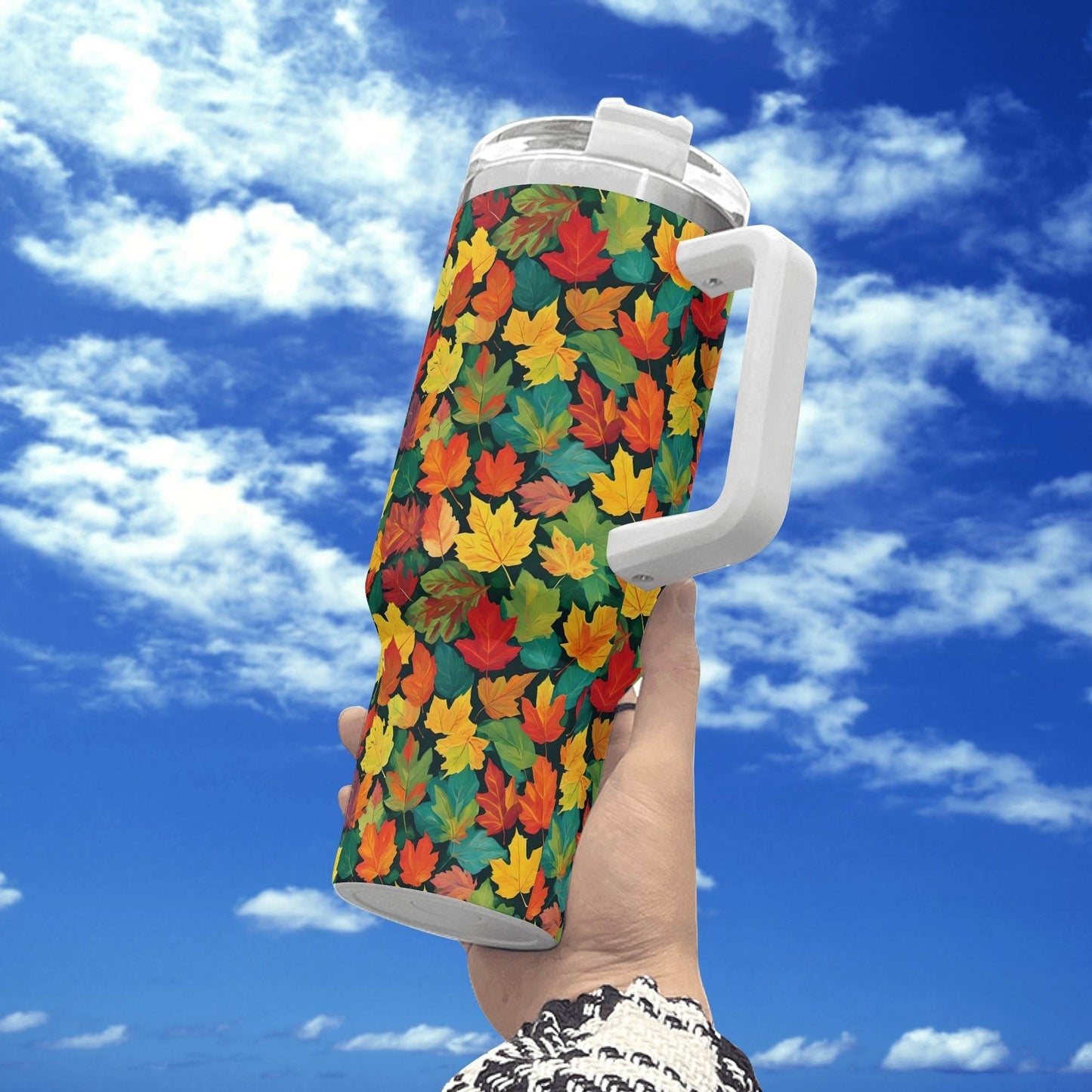 Colorful Leaves 40oz Stainless Steel Tumbler Gift With White Handle and Straw - DeRose Seasonal