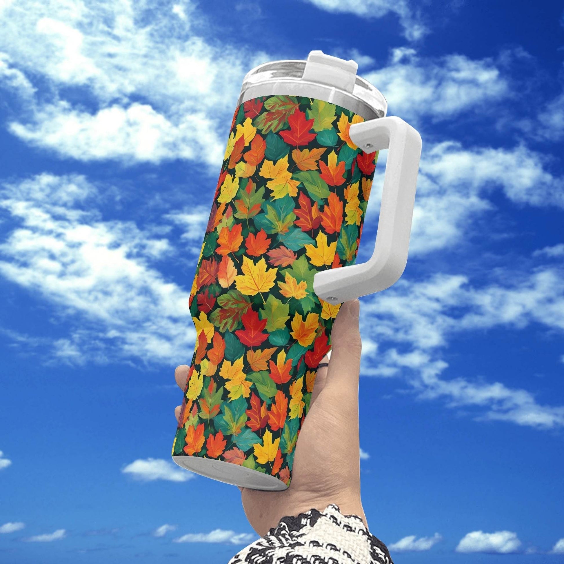 Colorful Leaves 40oz Stainless Steel Tumbler Gift With White Handle and Straw - DeRose Seasonal