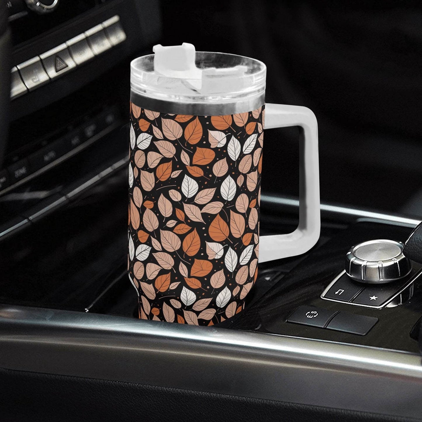 Dark Leaves 40oz Stainless Steel Tumbler Gift With White Handle and Straw - DeRose Seasonal