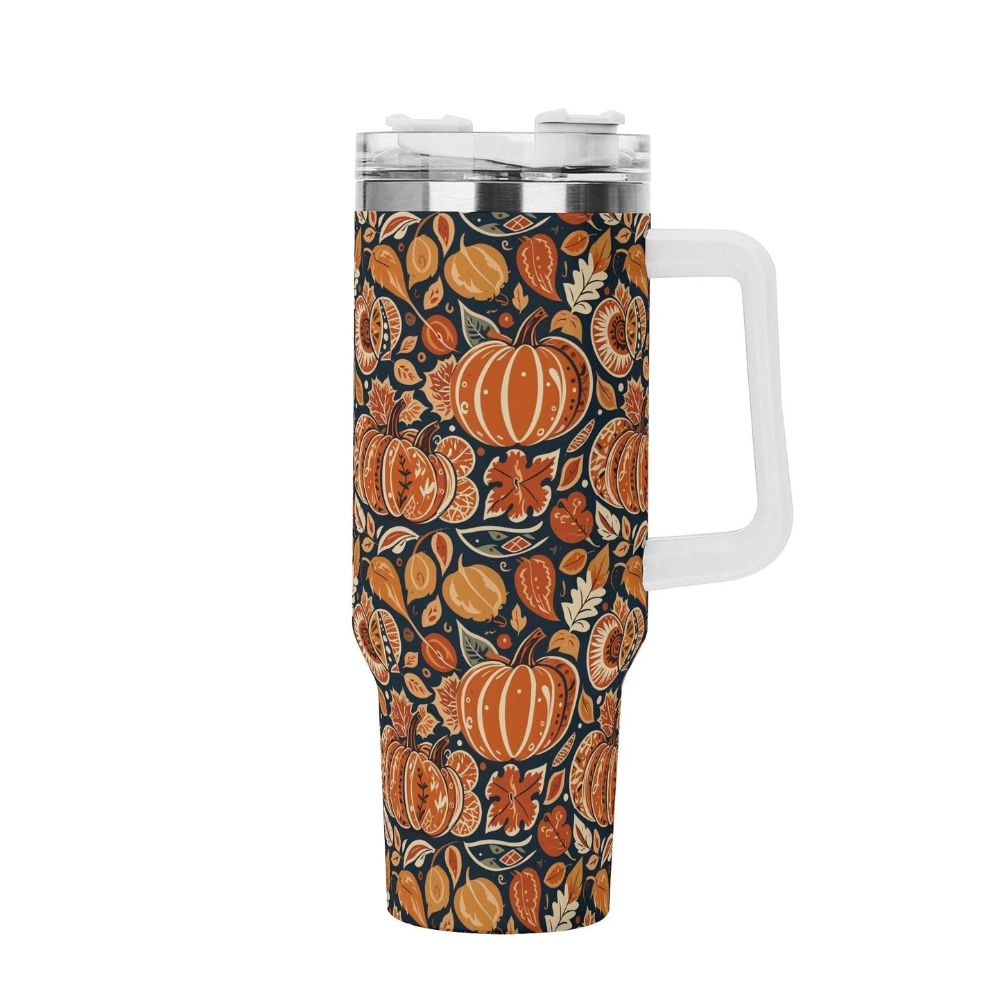 Pumpkin Leaves 40oz Stainless Steel Tumbler Gift With White Handle and Straw - DeRose Seasonal