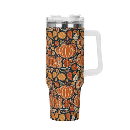 Pumpkin Leaves 40oz Stainless Steel Tumbler Gift With White Handle and Straw - DeRose Seasonal