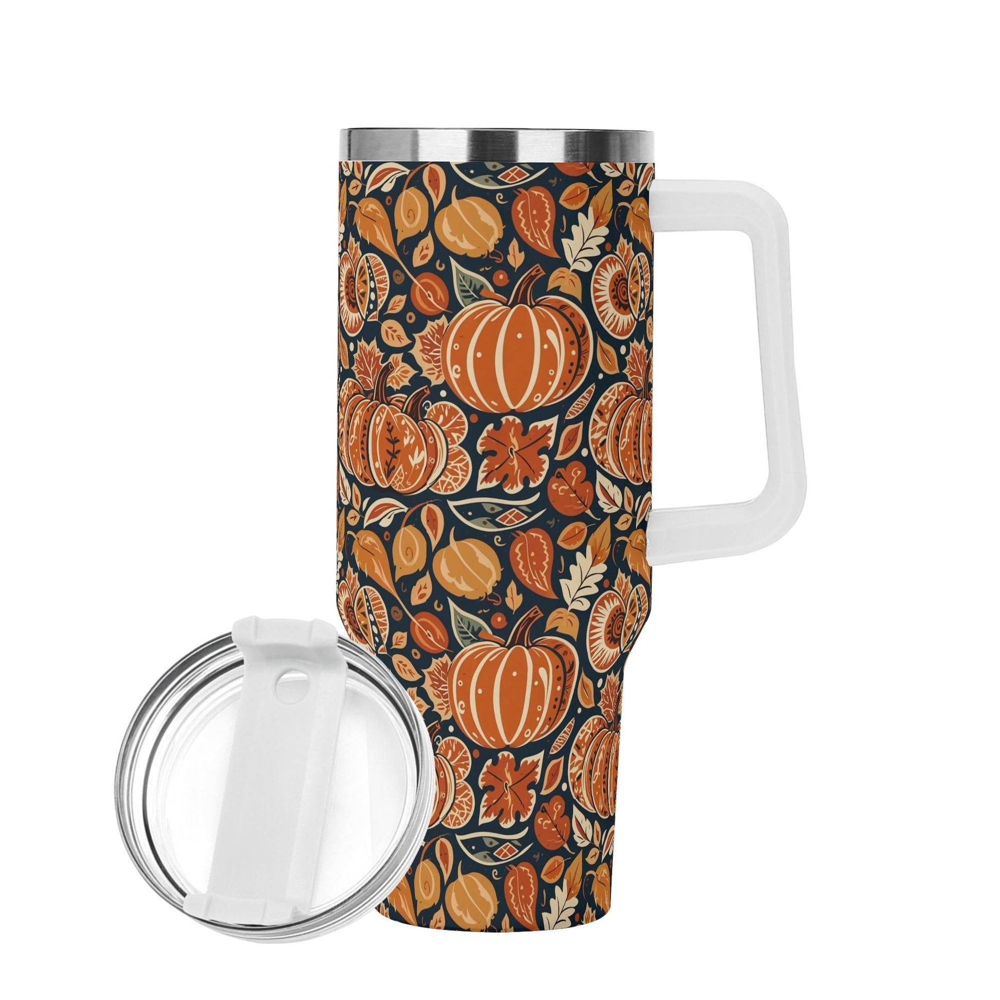 Pumpkin Leaves 40oz Stainless Steel Tumbler Gift With White Handle and Straw - DeRose Seasonal