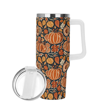 Pumpkin Leaves 40oz Stainless Steel Tumbler Gift With White Handle and Straw - DeRose Seasonal