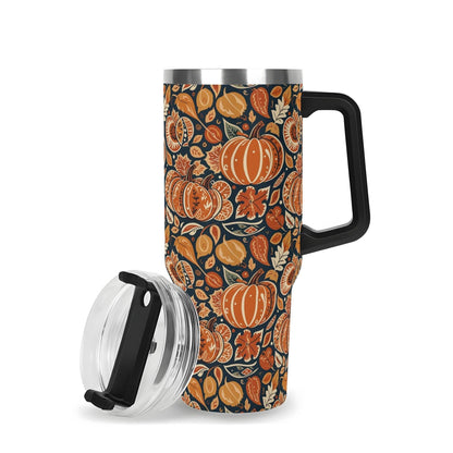 Pumpkin Leaves 40oz Stainless Steel Tumbler Gift With Black Handle and Straw - DeRose Seasonal