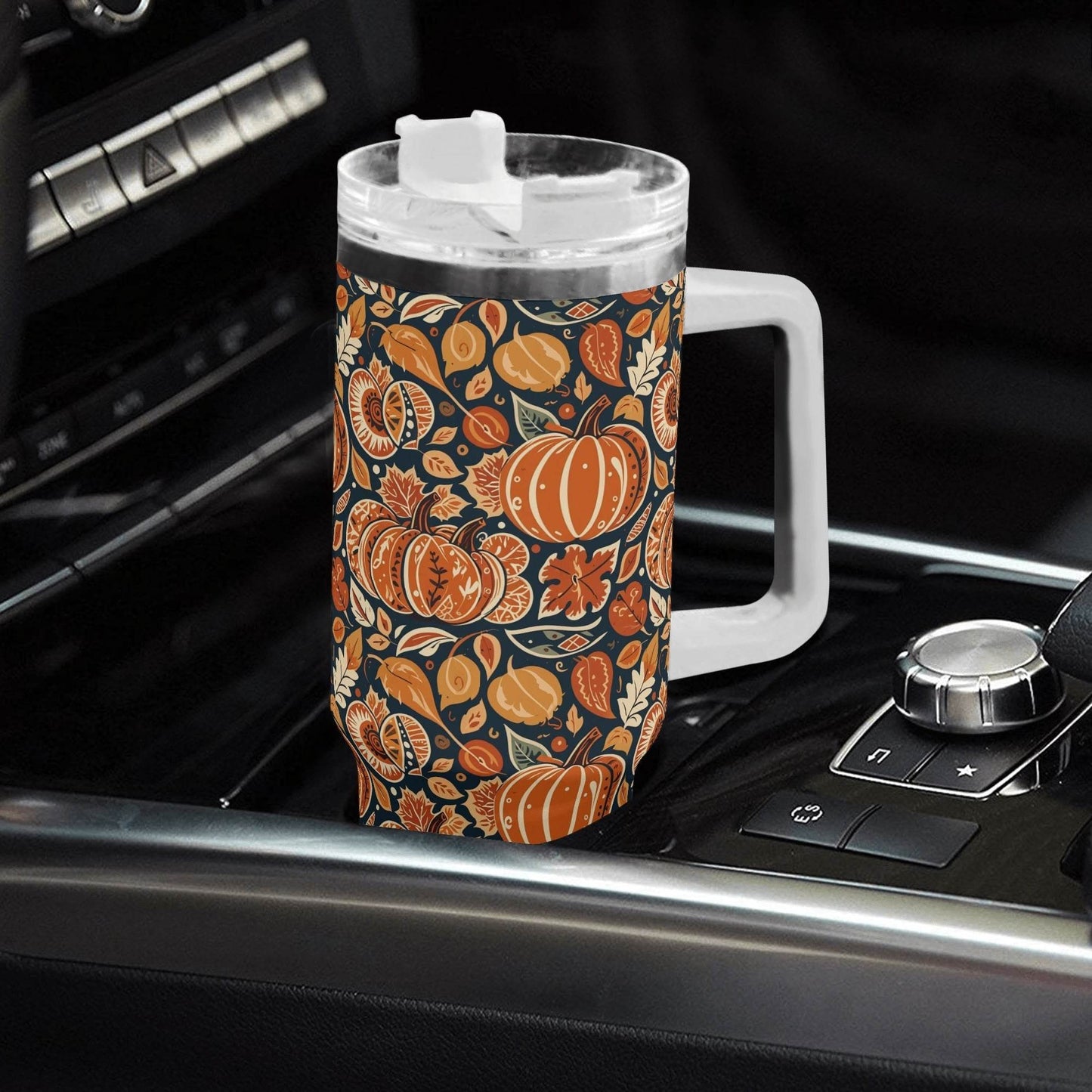 Pumpkin Leaves 40oz Stainless Steel Tumbler Gift With White Handle and Straw - DeRose Seasonal