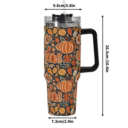 Pumpkin Leaves 40oz Stainless Steel Tumbler Gift With Black Handle and Straw - DeRose Seasonal