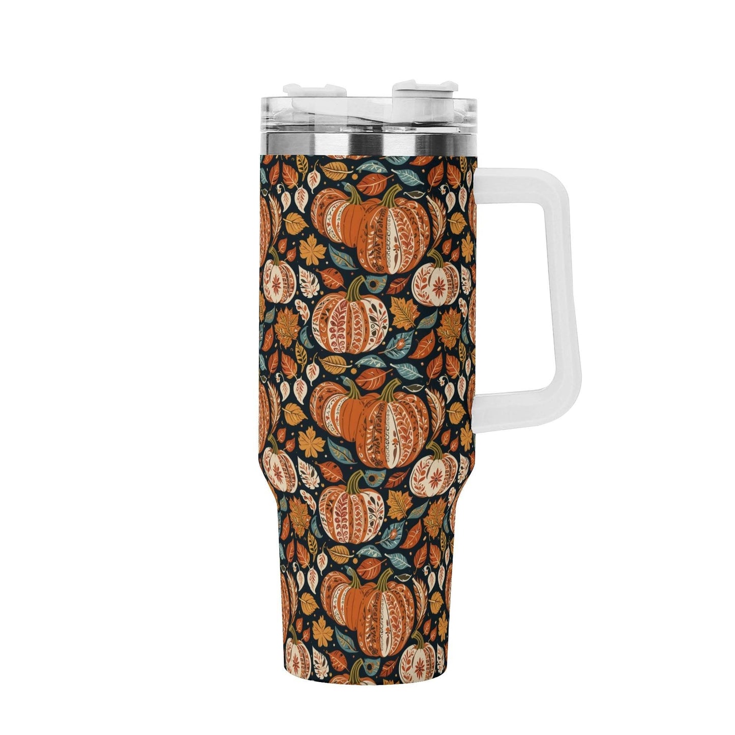 Pumpkin Fall 40oz Stainless Steel Tumbler Gift With White Handle and Straw - DeRose Seasonal