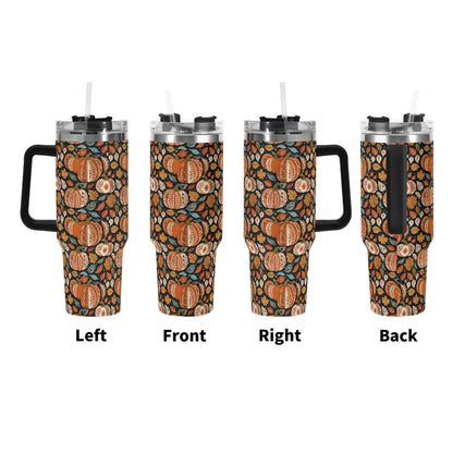 Pumpkin Fall 40oz Stainless Steel Tumbler Gift With Black Handle and Straw - DeRose Seasonal