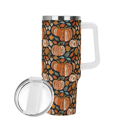 Pumpkin Fall 40oz Stainless Steel Tumbler Gift With White Handle and Straw - DeRose Seasonal