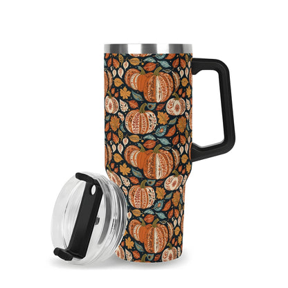 Pumpkin Fall 40oz Stainless Steel Tumbler Gift With Black Handle and Straw - DeRose Seasonal