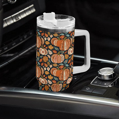 Pumpkin Fall 40oz Stainless Steel Tumbler Gift With White Handle and Straw - DeRose Seasonal