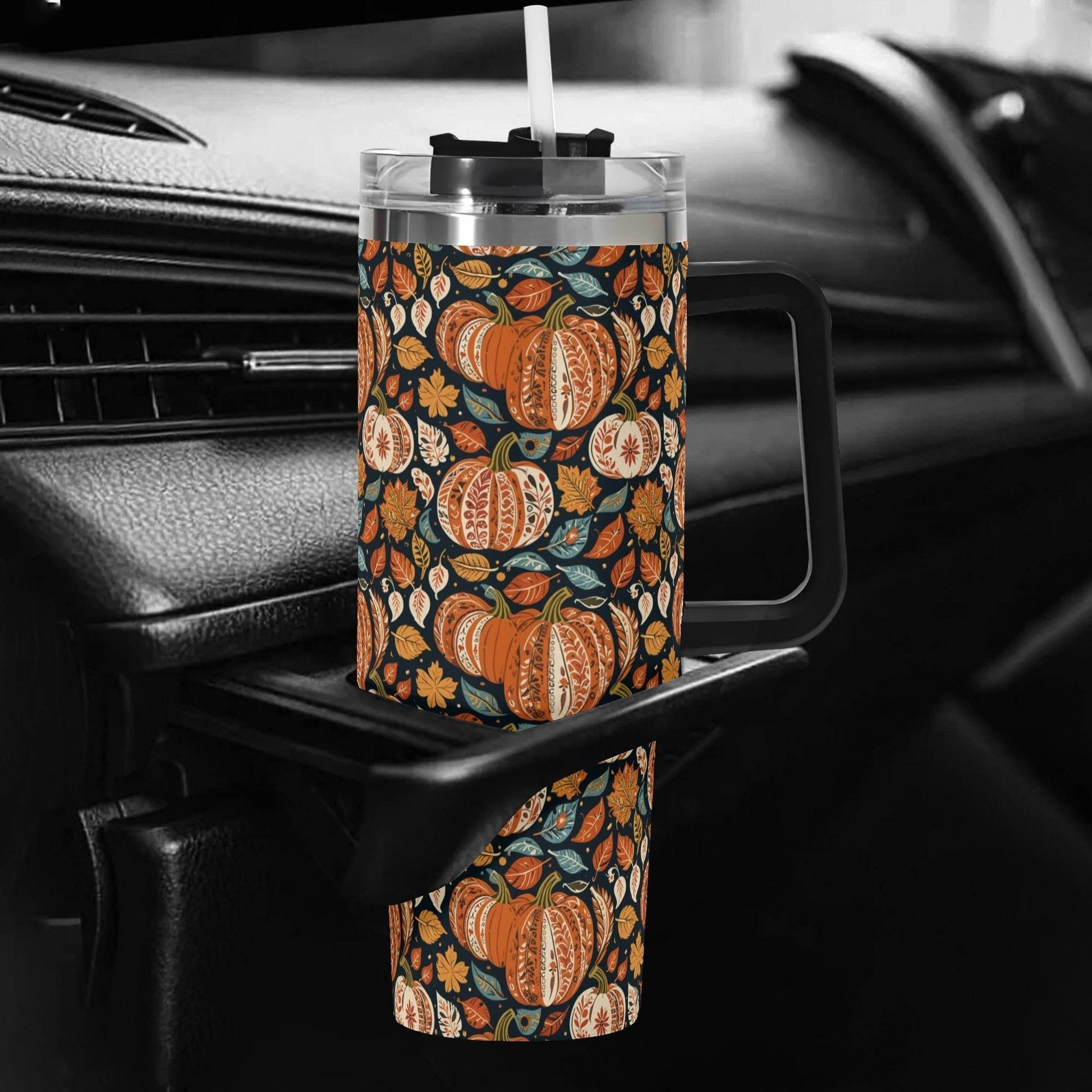 Pumpkin Fall 40oz Stainless Steel Tumbler Gift With Black Handle and Straw - DeRose Seasonal