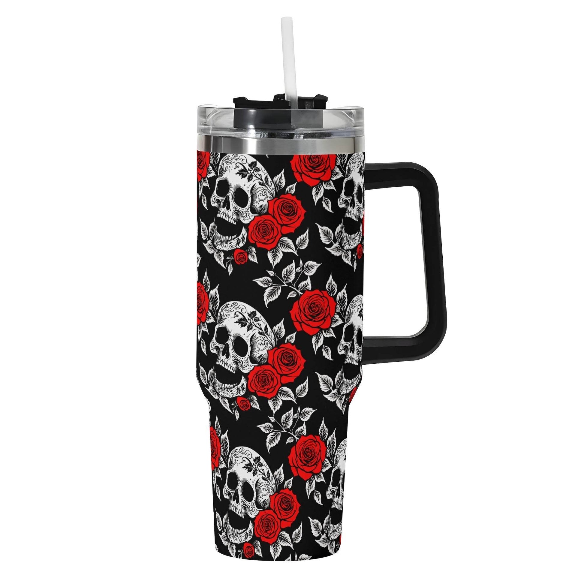 Red Skull Rose 40oz Stainless Steel Tumbler Gift With Black Handle and Straw - DeRose Seasonal