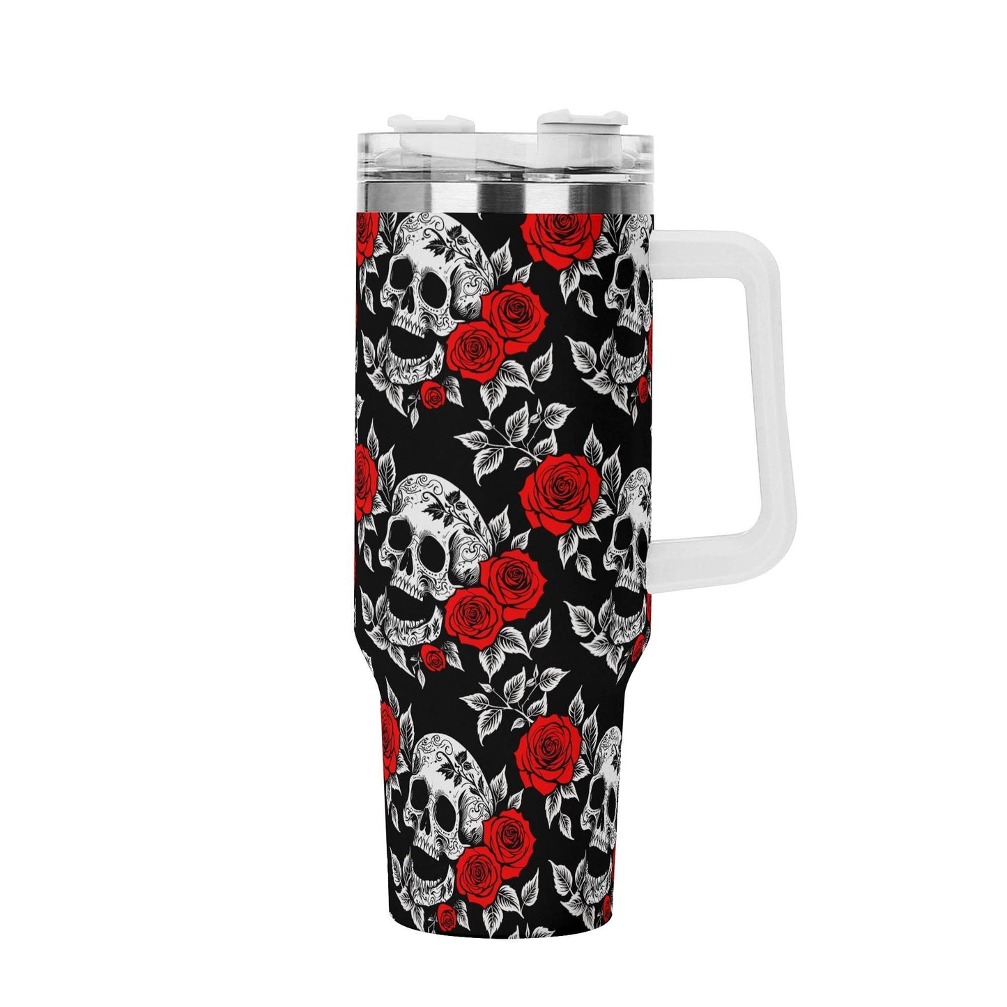 Red Skull Rose 40oz Stainless Steel Tumbler Gift With White Handle and Straw - DeRose Seasonal