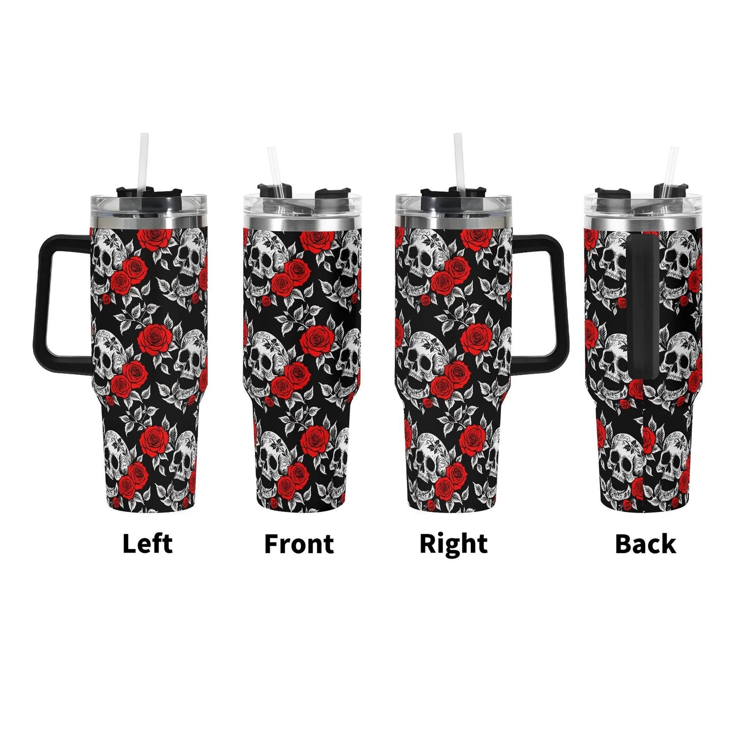 Red Skull Rose 40oz Stainless Steel Tumbler Gift With Black Handle and Straw - DeRose Seasonal