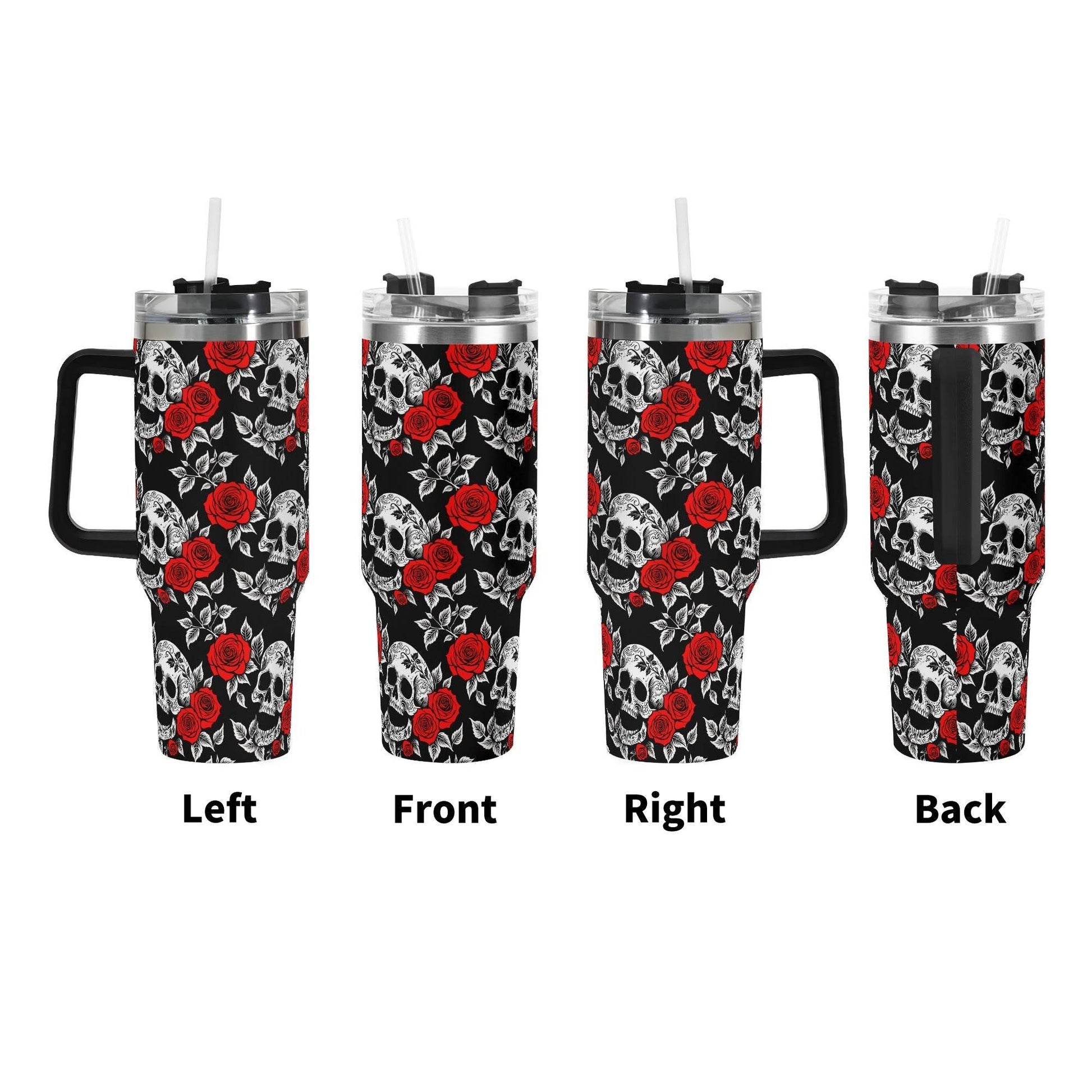 Red Skull Rose 40oz Stainless Steel Tumbler Gift With Black Handle and Straw - DeRose Seasonal