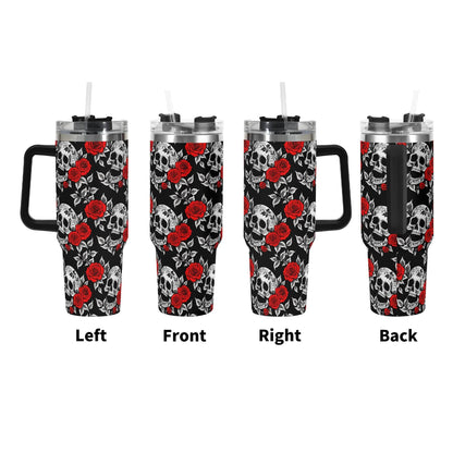 Red Skull Rose 40oz Stainless Steel Tumbler Gift With Black Handle and Straw - DeRose Seasonal
