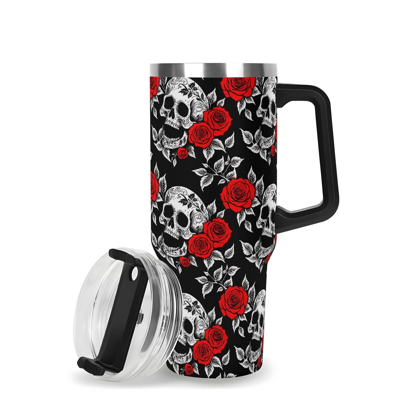 Red Skull Rose 40oz Stainless Steel Tumbler Gift With Black Handle and Straw - DeRose Seasonal