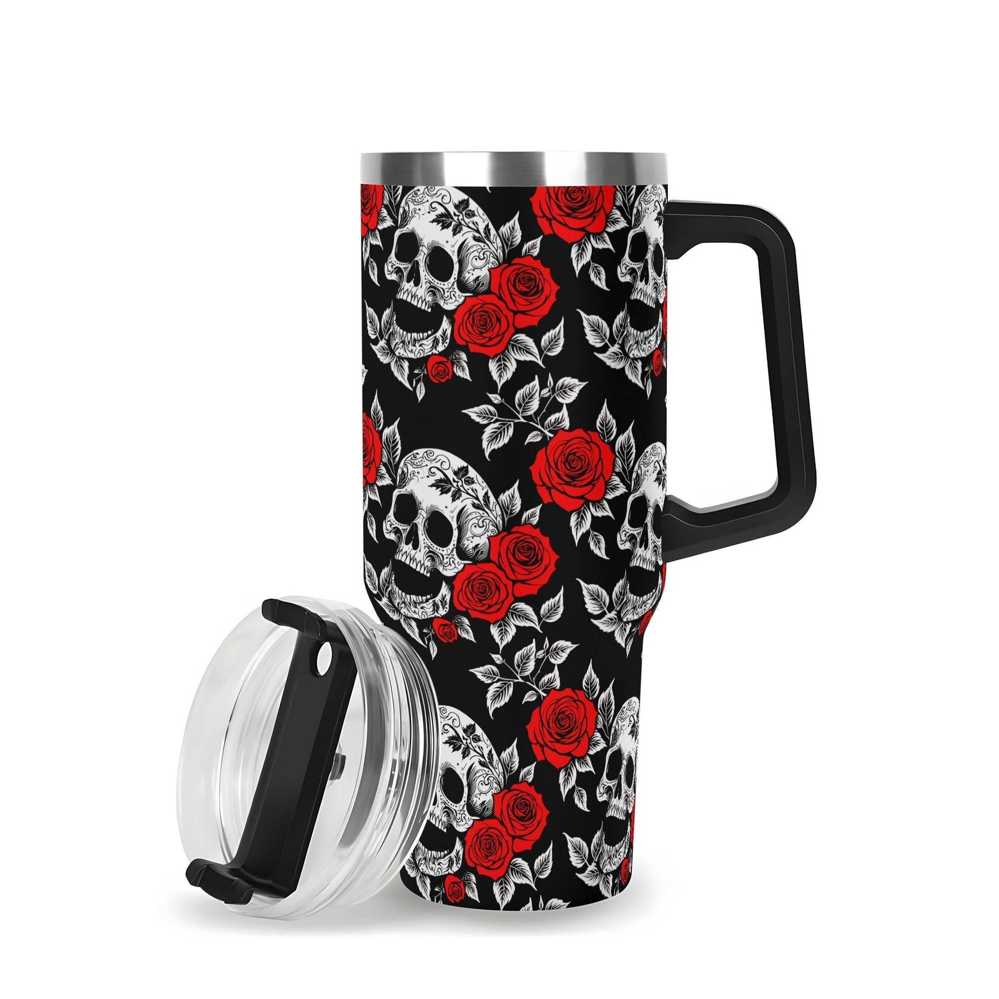 Red Skull Rose 40oz Stainless Steel Tumbler Gift With Black Handle and Straw - DeRose Seasonal