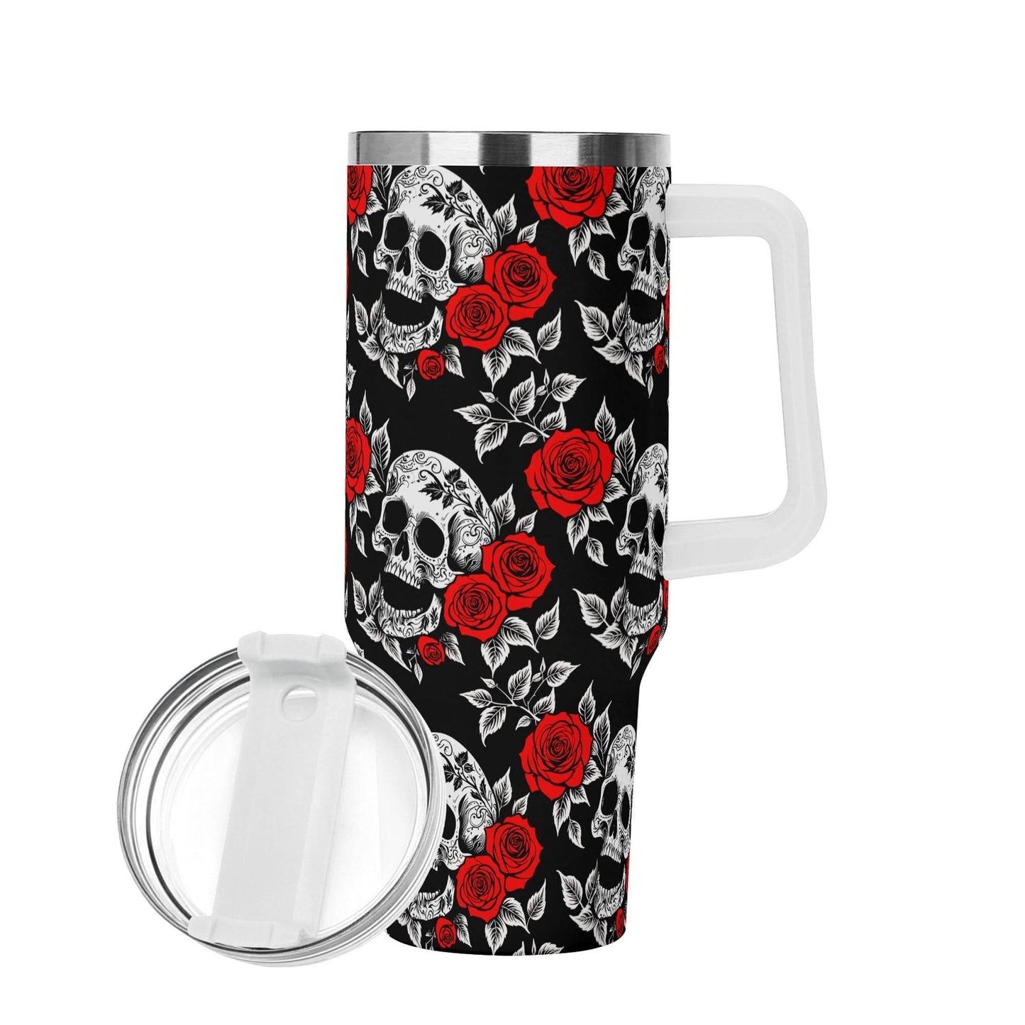 Red Skull Rose 40oz Stainless Steel Tumbler Gift With White Handle and Straw - DeRose Seasonal
