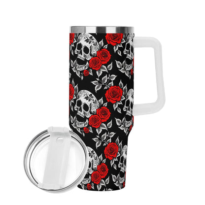 Red Skull Rose 40oz Stainless Steel Tumbler Gift With White Handle and Straw - DeRose Seasonal