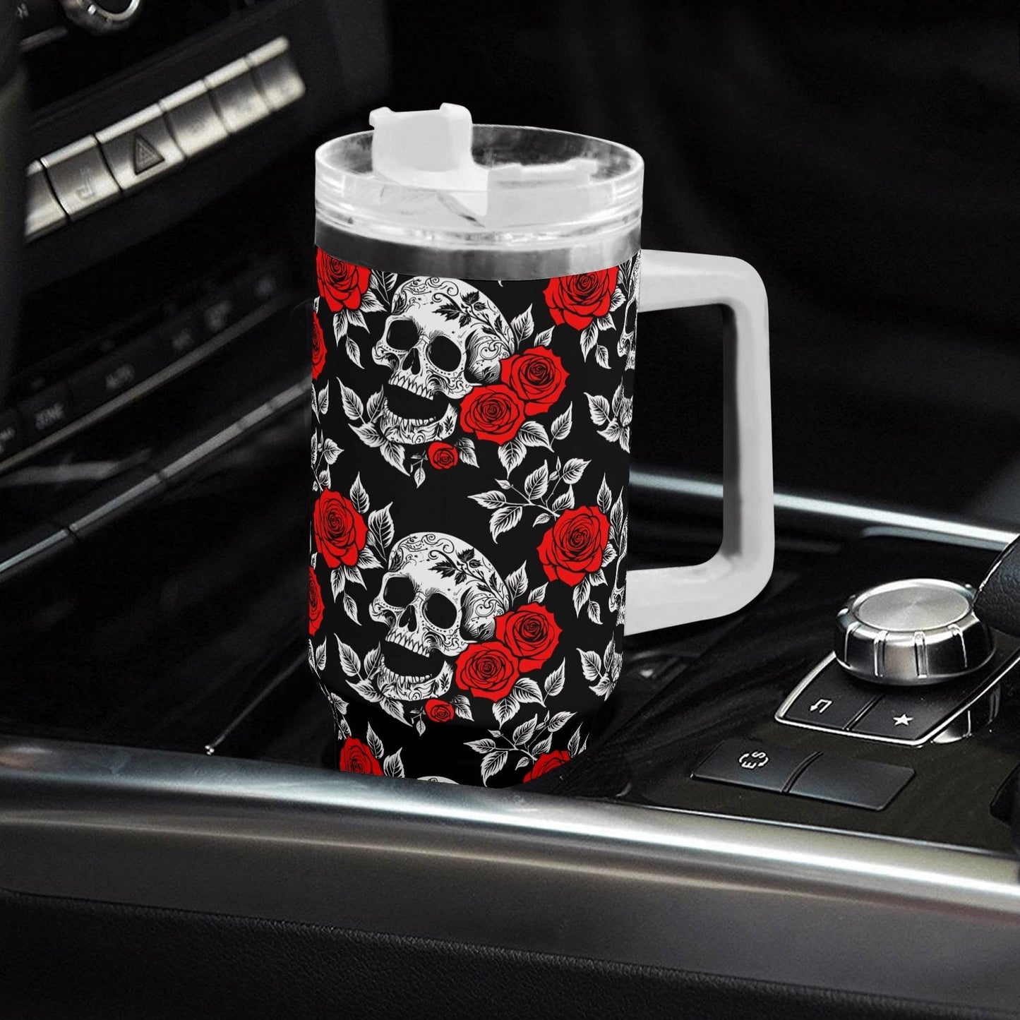 Red Skull Rose 40oz Stainless Steel Tumbler Gift With White Handle and Straw - DeRose Seasonal