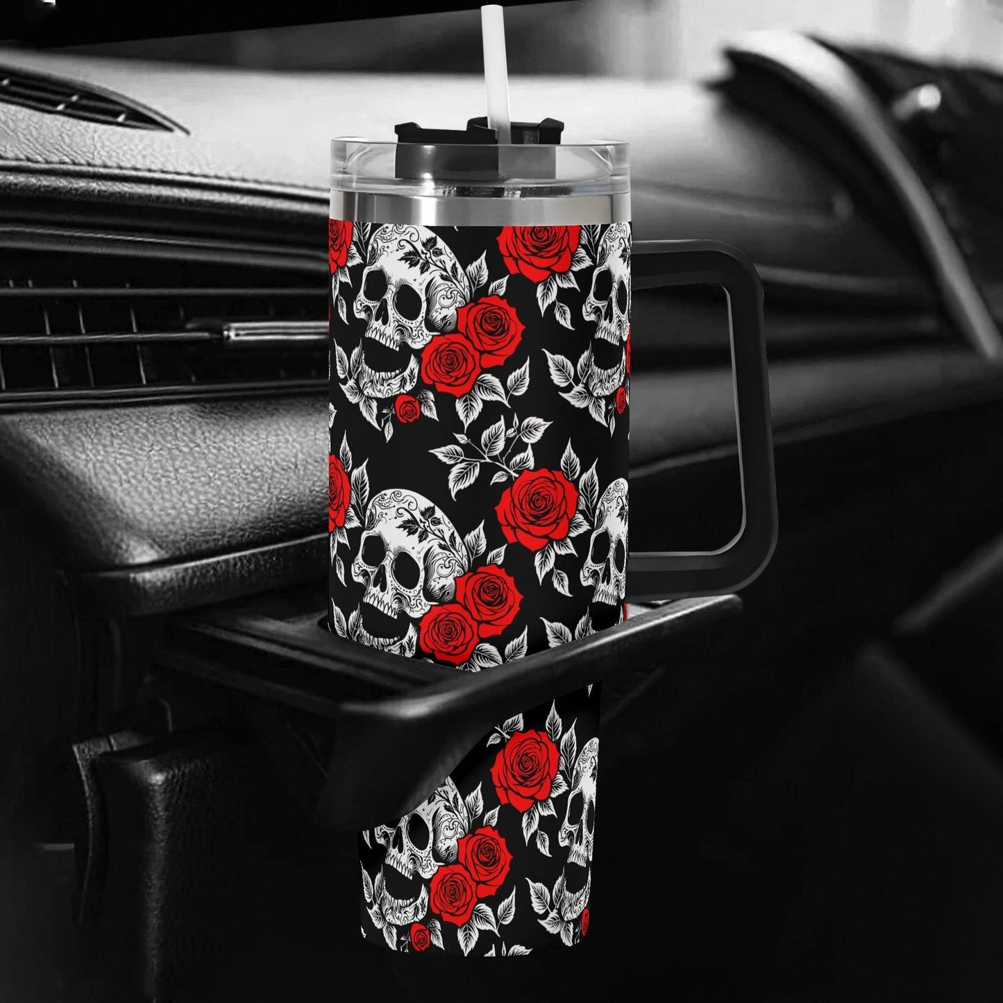 Red Skull Rose 40oz Stainless Steel Tumbler Gift With Black Handle and Straw - DeRose Seasonal