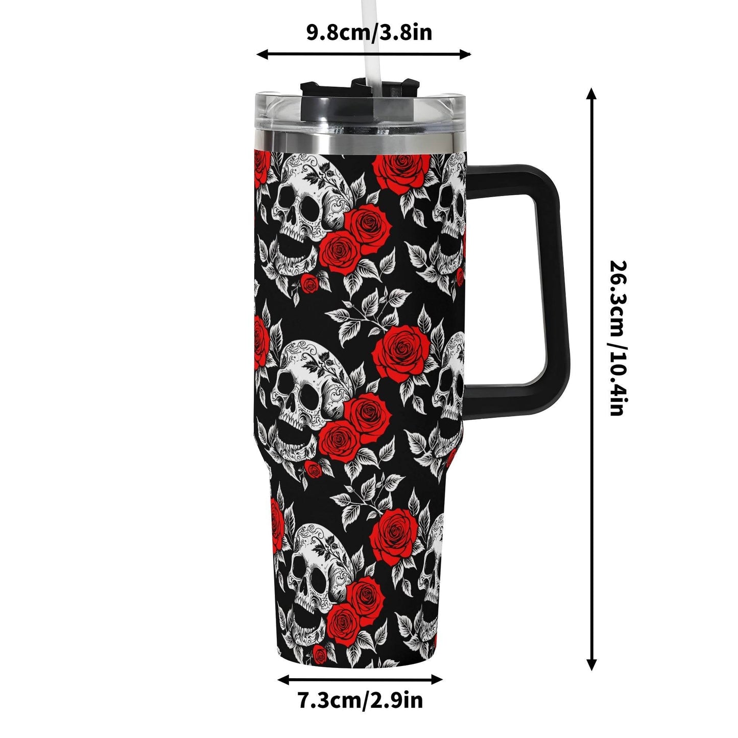 Red Skull Rose 40oz Stainless Steel Tumbler Gift With Black Handle and Straw - DeRose Seasonal