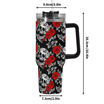 Red Skull Rose 40oz Stainless Steel Tumbler Gift With Black Handle and Straw - DeRose Seasonal