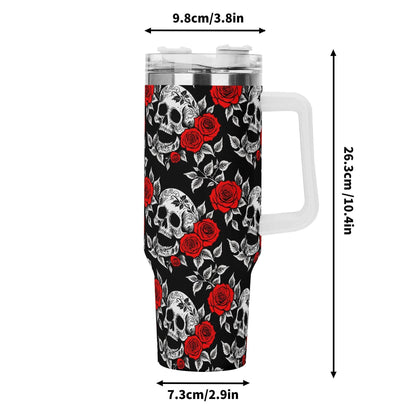 Red Skull Rose 40oz Stainless Steel Tumbler Gift With White Handle and Straw - DeRose Seasonal