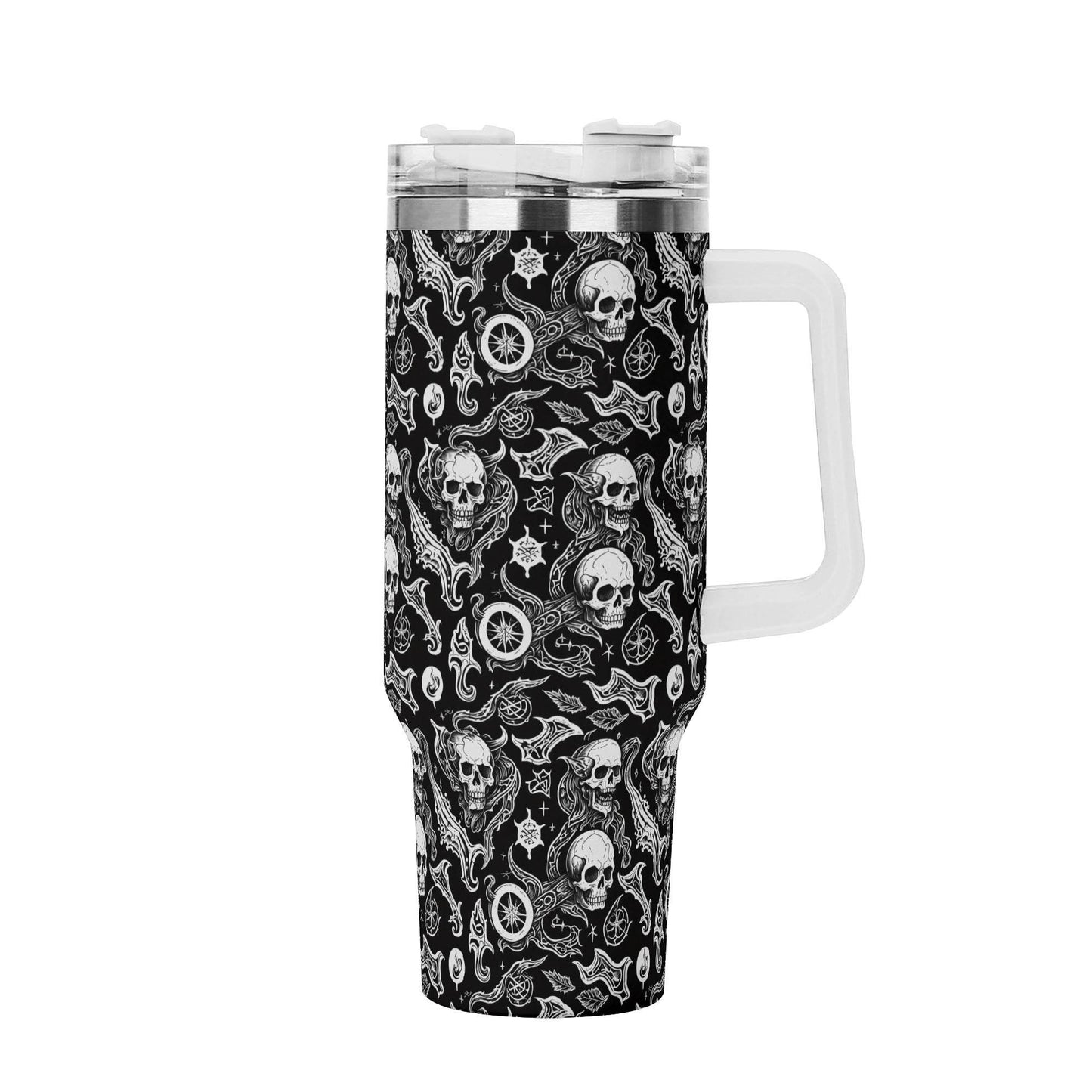 Flying Skulls 40oz Stainless Steel Tumbler Gift With White Handle and Straw - DeRose Seasonal