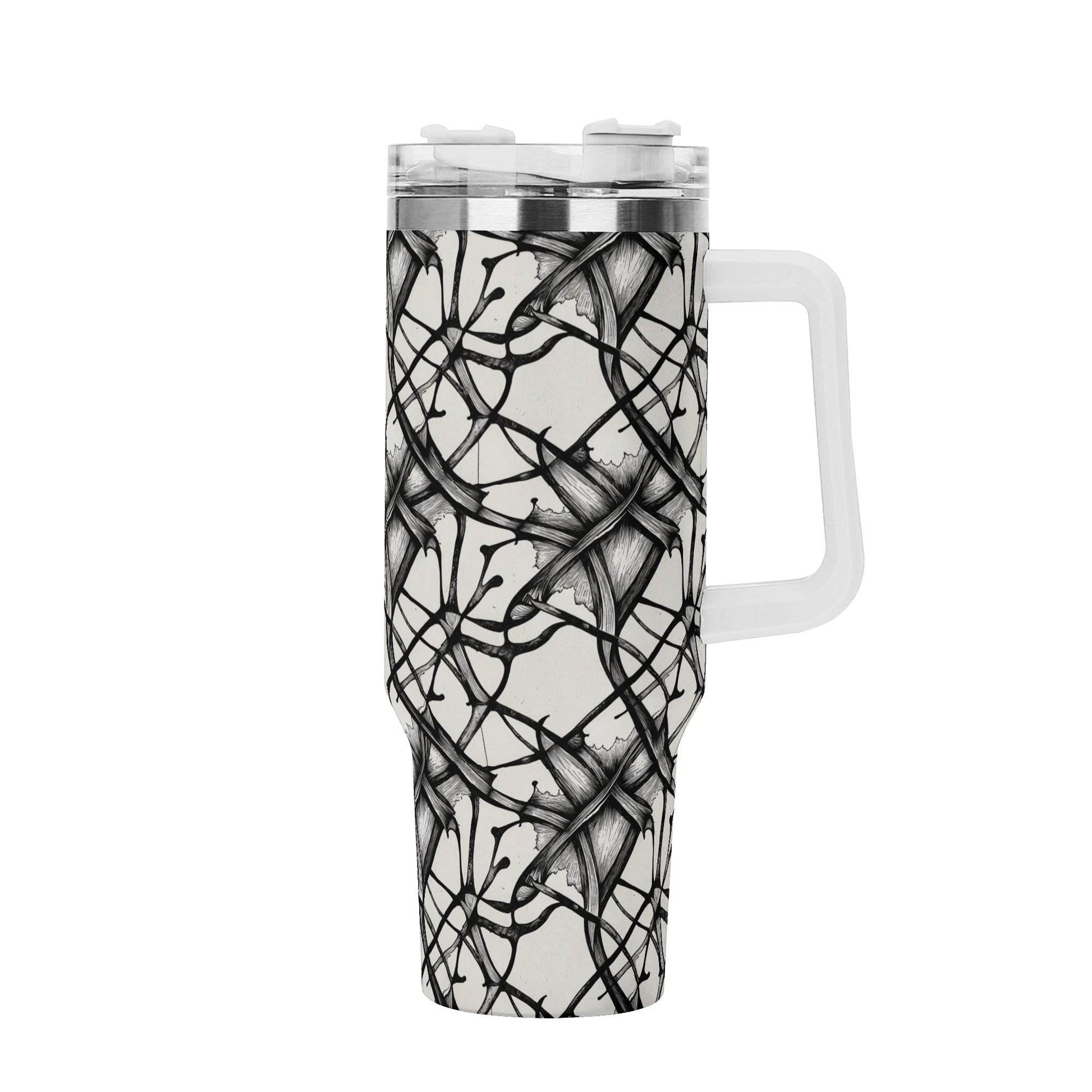 Ink Floral 40oz Stainless Steel Tumbler Gift With White Handle and Straw - DeRose Seasonal