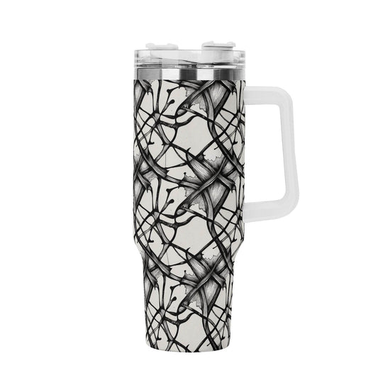 Ink Floral 40oz Stainless Steel Tumbler Gift With White Handle and Straw - DeRose Seasonal