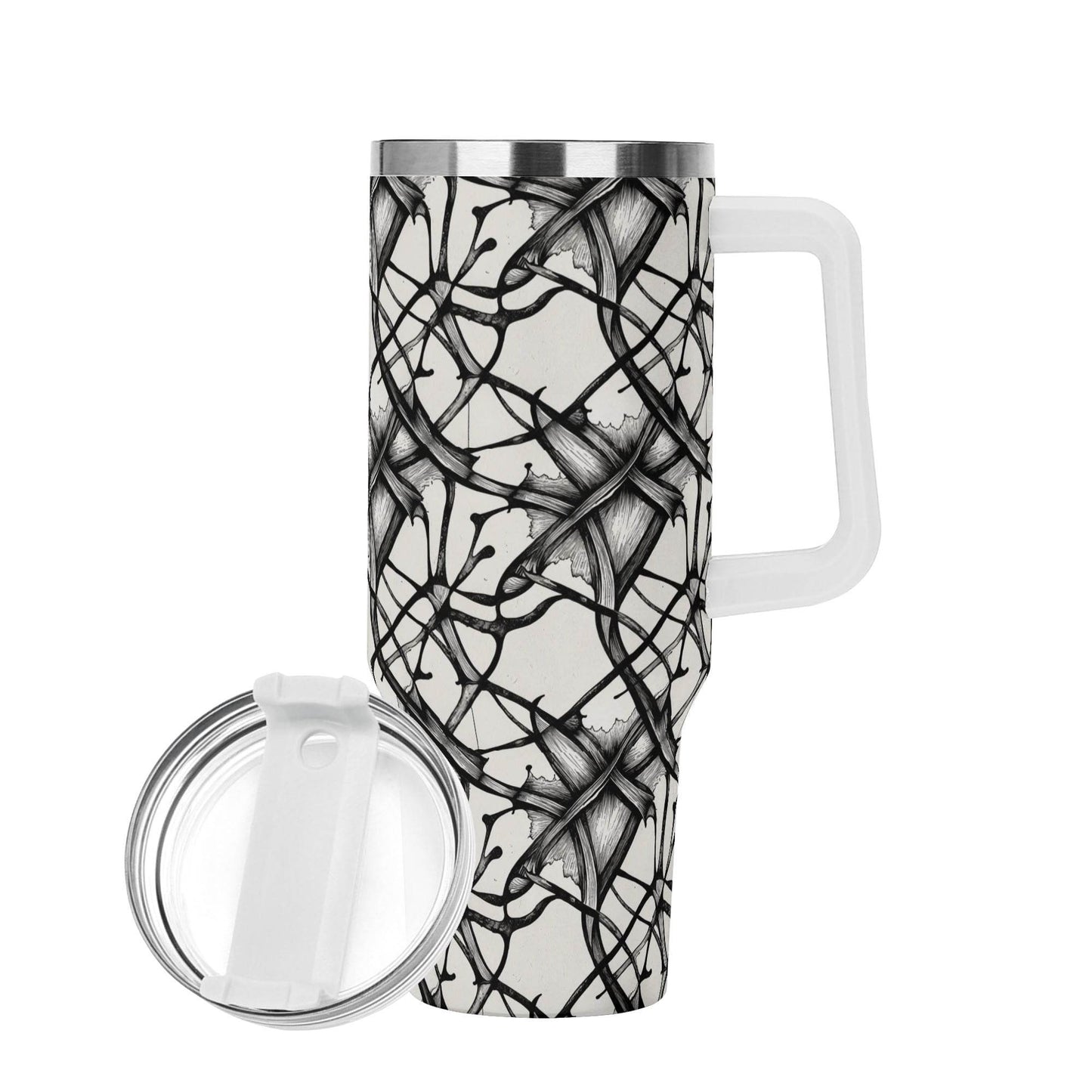 Ink Floral 40oz Stainless Steel Tumbler Gift With White Handle and Straw - DeRose Seasonal
