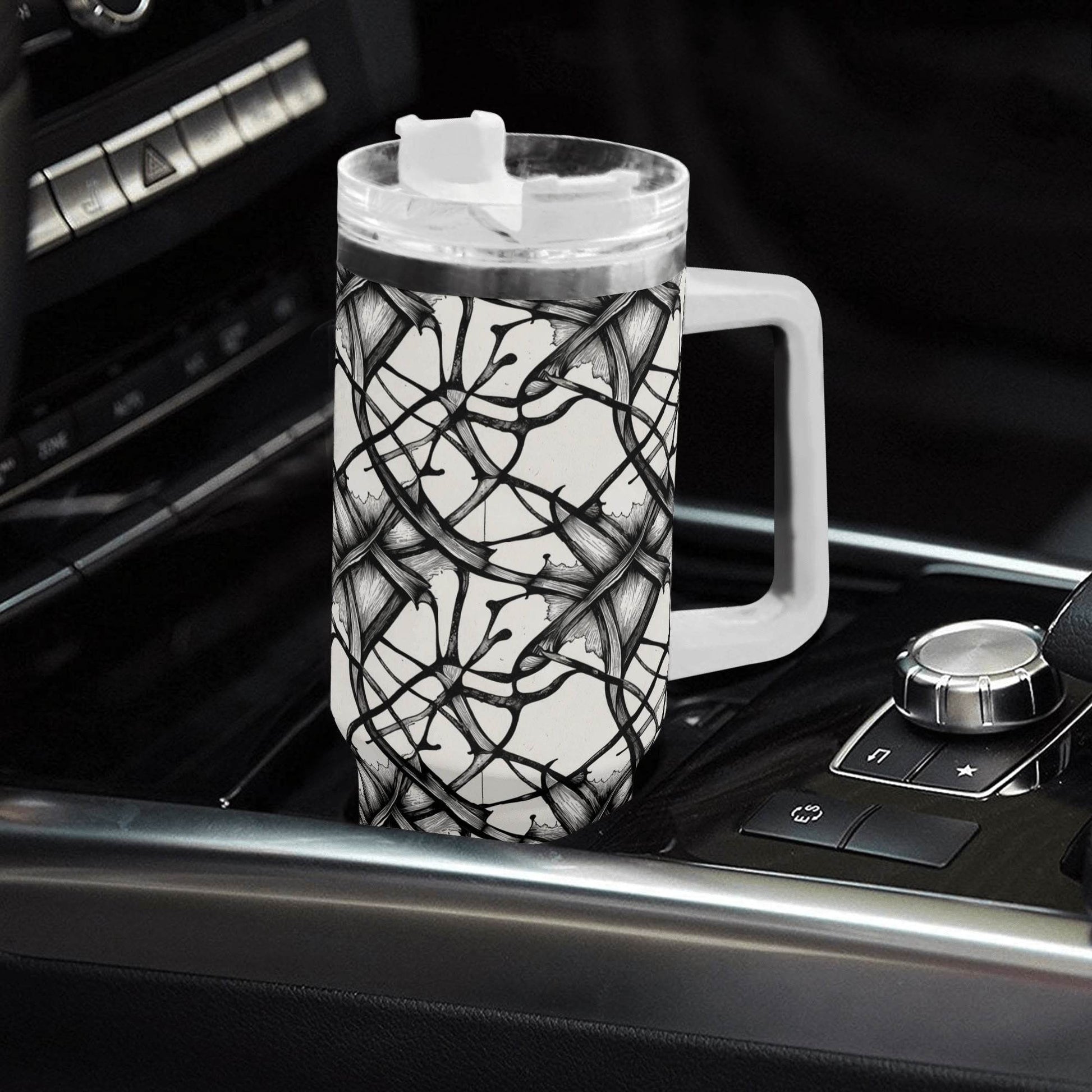 Ink Floral 40oz Stainless Steel Tumbler Gift With White Handle and Straw - DeRose Seasonal
