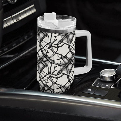 Ink Floral 40oz Stainless Steel Tumbler Gift With White Handle and Straw - DeRose Seasonal