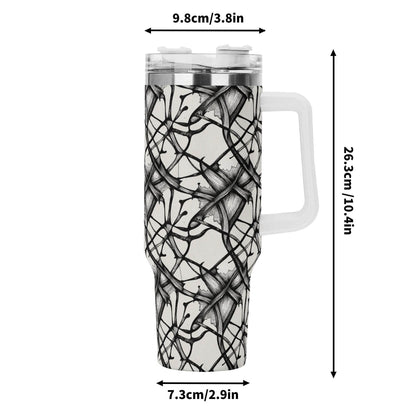 Ink Floral 40oz Stainless Steel Tumbler Gift With White Handle and Straw - DeRose Seasonal