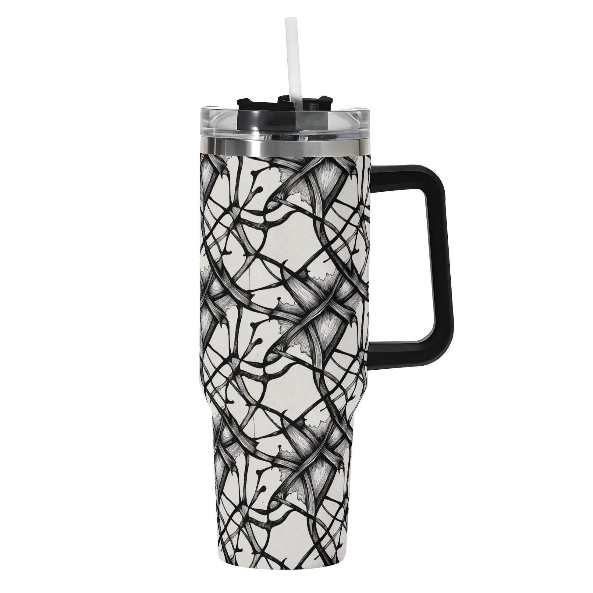 Ink Floral 40oz Stainless Steel Tumbler Gift With Black Handle and Straw - DeRose Seasonal