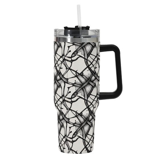Ink Floral 40oz Stainless Steel Tumbler Gift With Black Handle and Straw - DeRose Seasonal