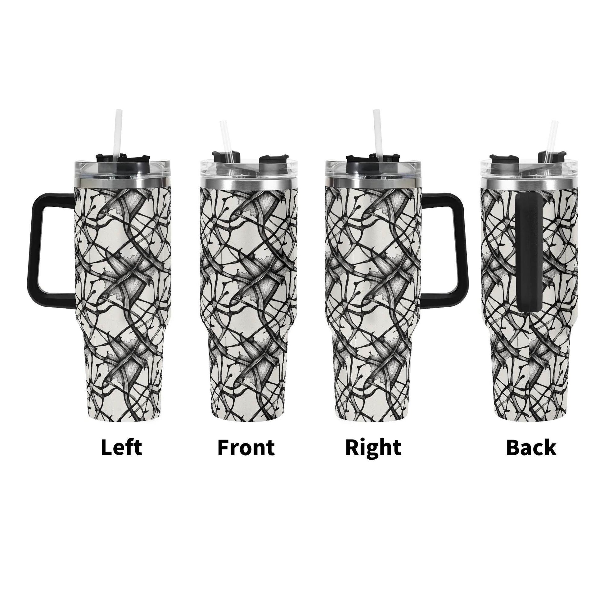 Ink Floral 40oz Stainless Steel Tumbler Gift With Black Handle and Straw - DeRose Seasonal