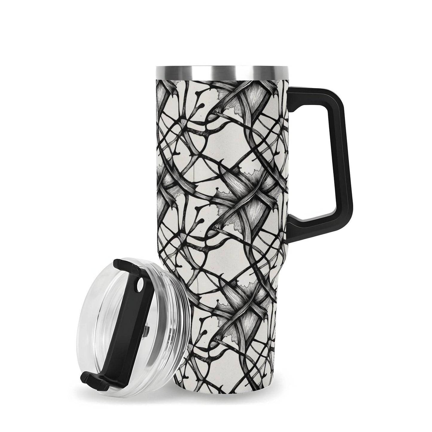Ink Floral 40oz Stainless Steel Tumbler Gift With Black Handle and Straw - DeRose Seasonal