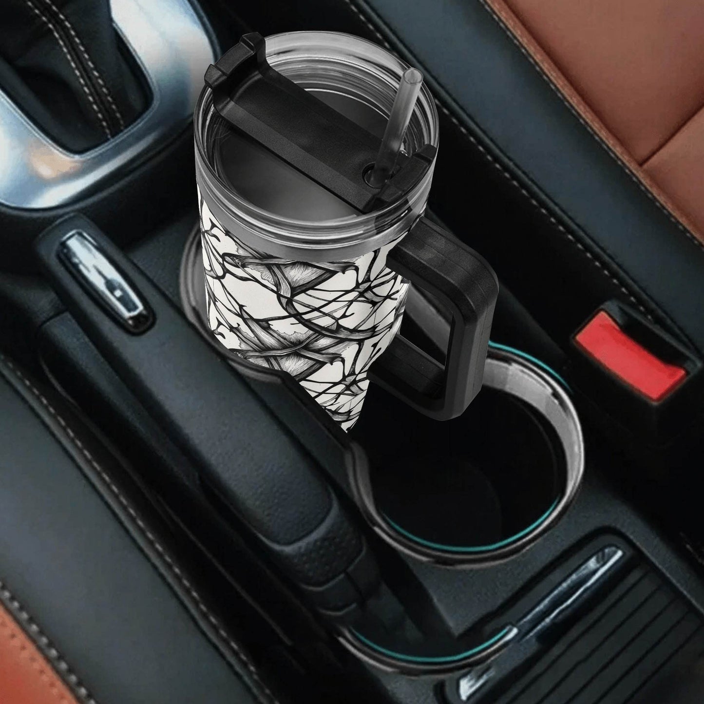 Ink Floral 40oz Stainless Steel Tumbler Gift With Black Handle and Straw - DeRose Seasonal