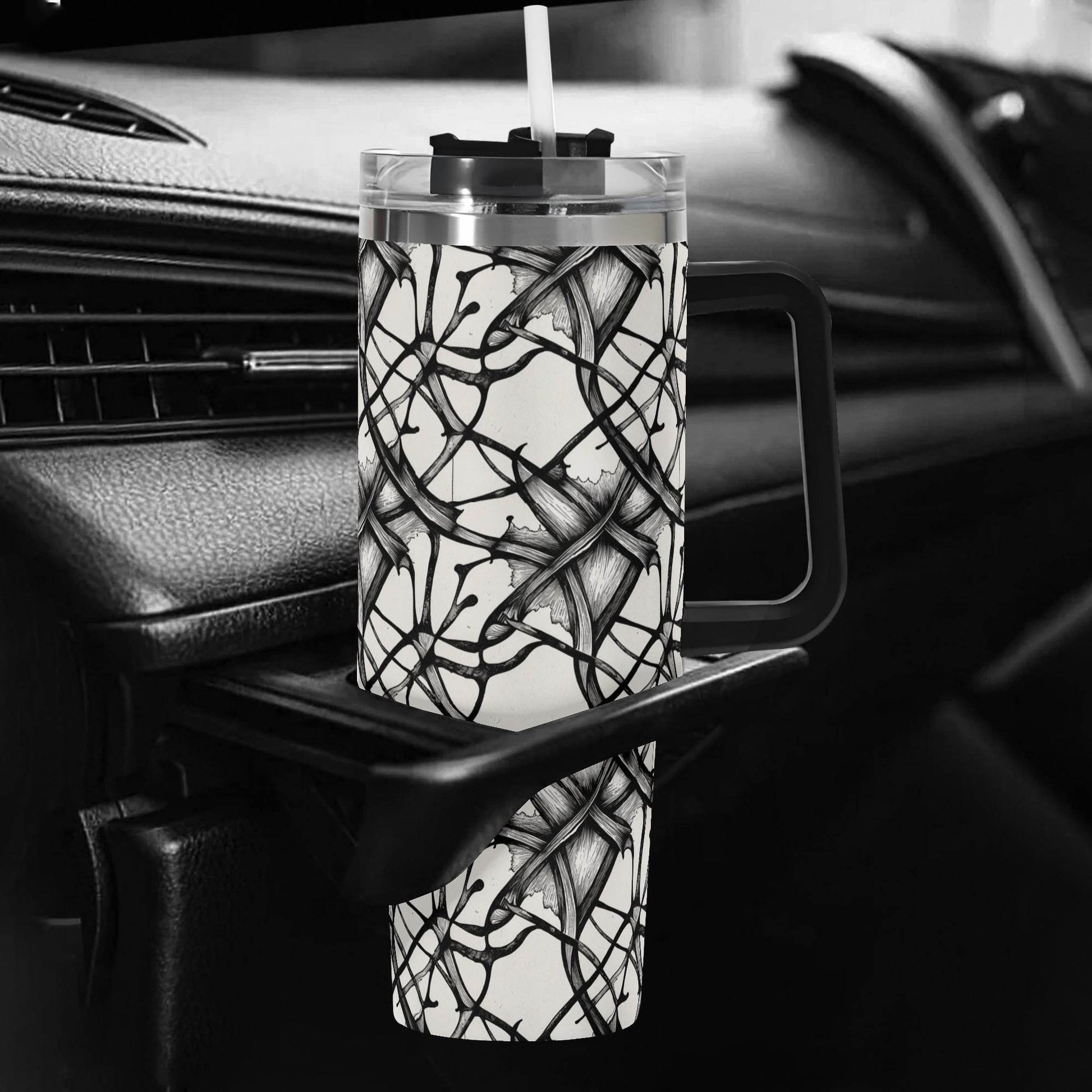 Ink Floral 40oz Stainless Steel Tumbler Gift With Black Handle and Straw - DeRose Seasonal