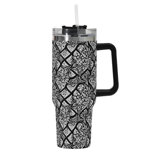 Crosshatch Black Floral 40oz Stainless Steel Tumbler Gift With Black Handle and Straw - DeRose Seasonal