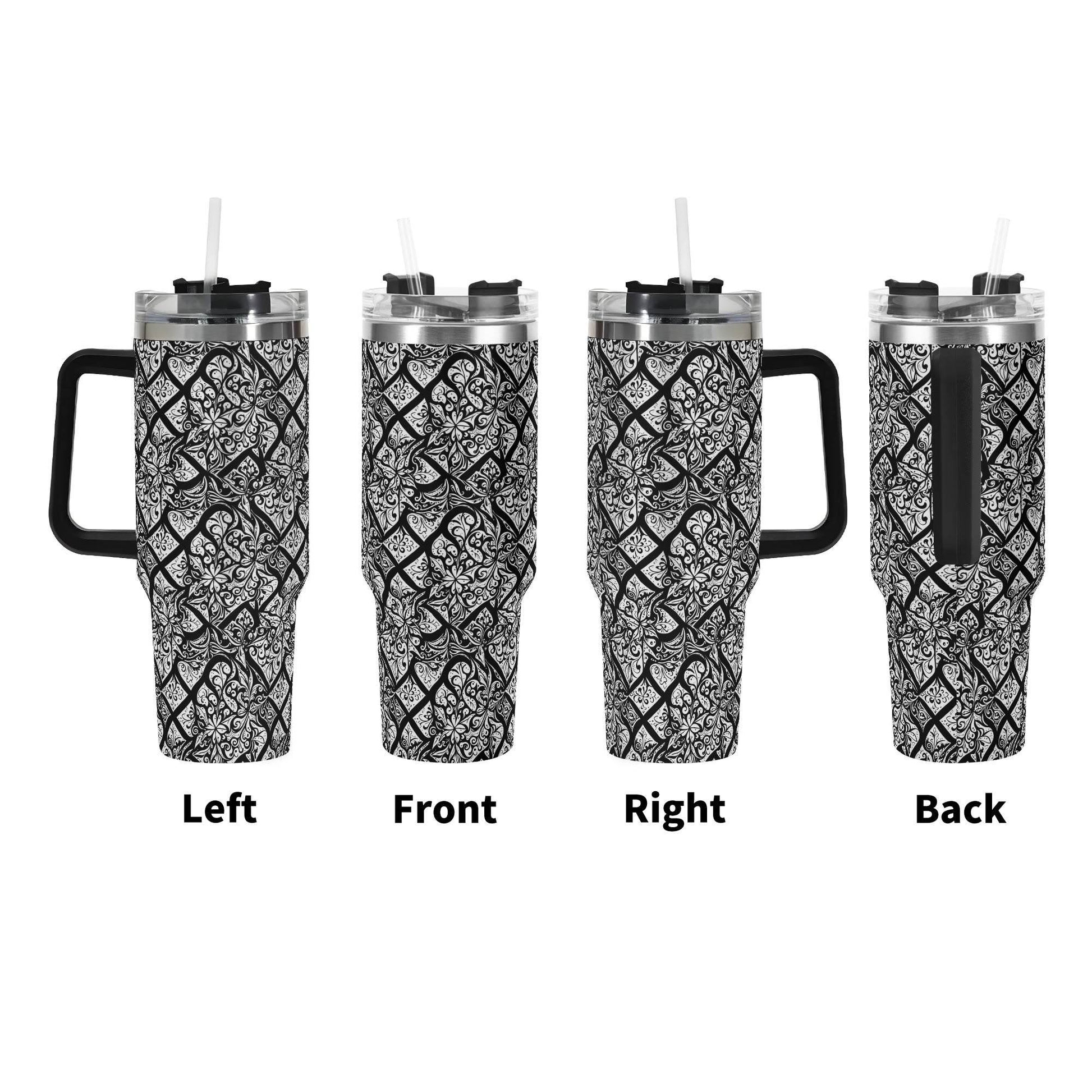 Crosshatch Black Floral 40oz Stainless Steel Tumbler Gift With Black Handle and Straw - DeRose Seasonal